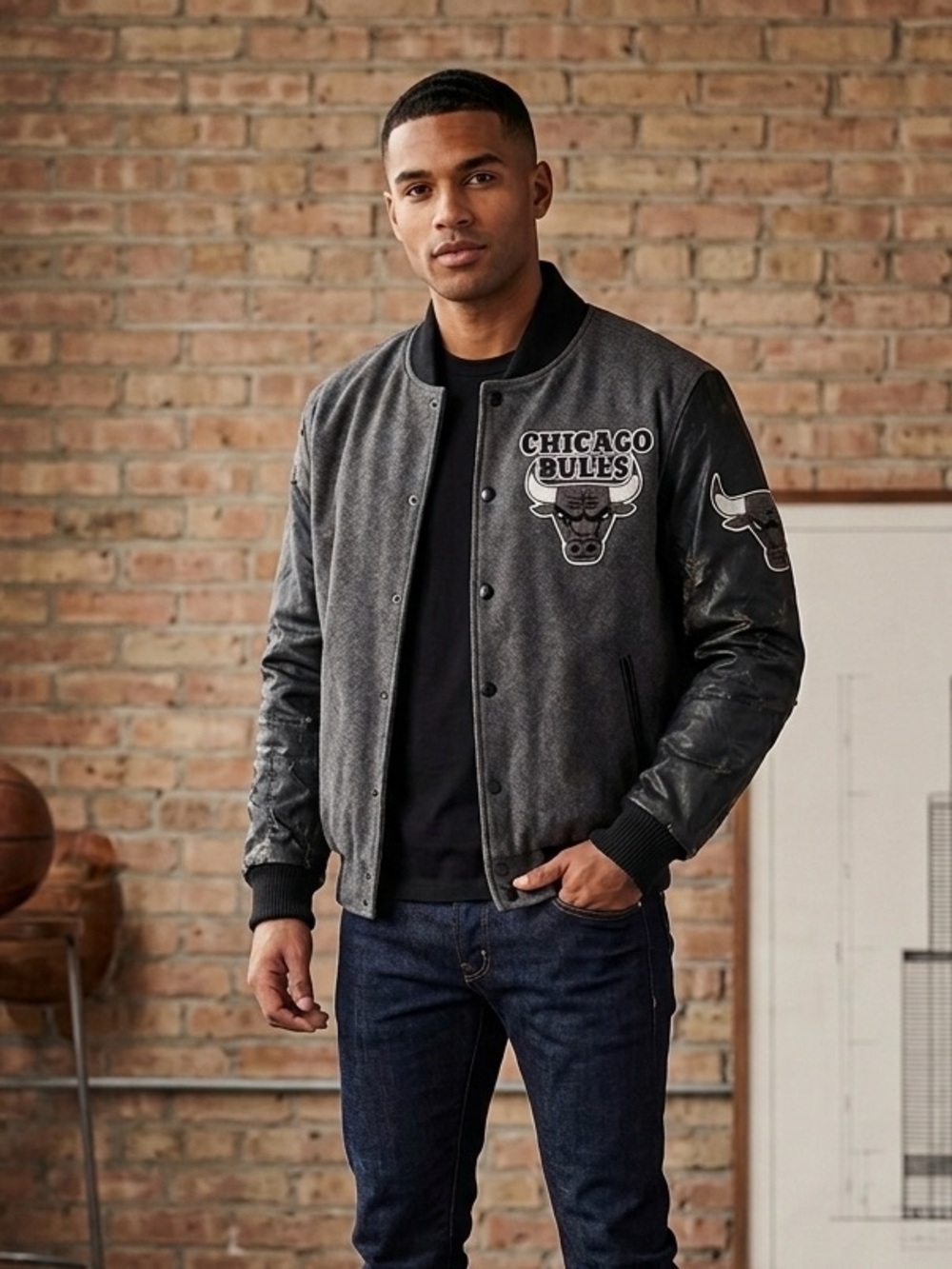 NBA Chicago Bulls Gray and Black Varsity Bomber Jacket